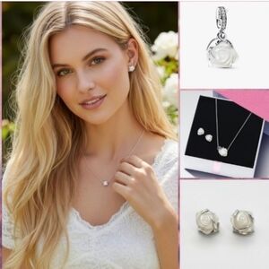 3pc Bundle: S925 White Rose Earrings/Necklace & Charm Set